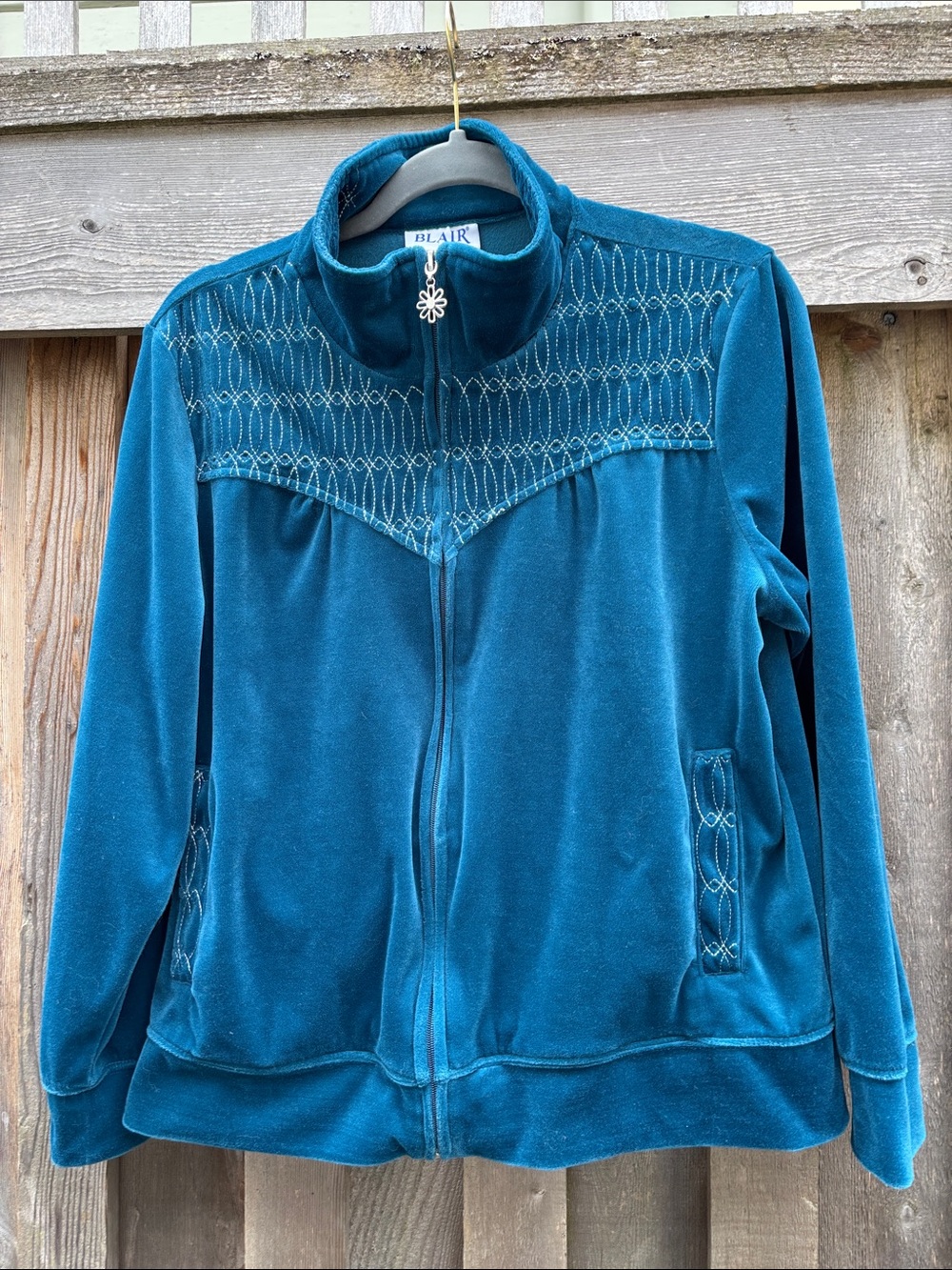 Vintage Teal Velour Track Jacket with Decorative Metallic Silver Stitching Med